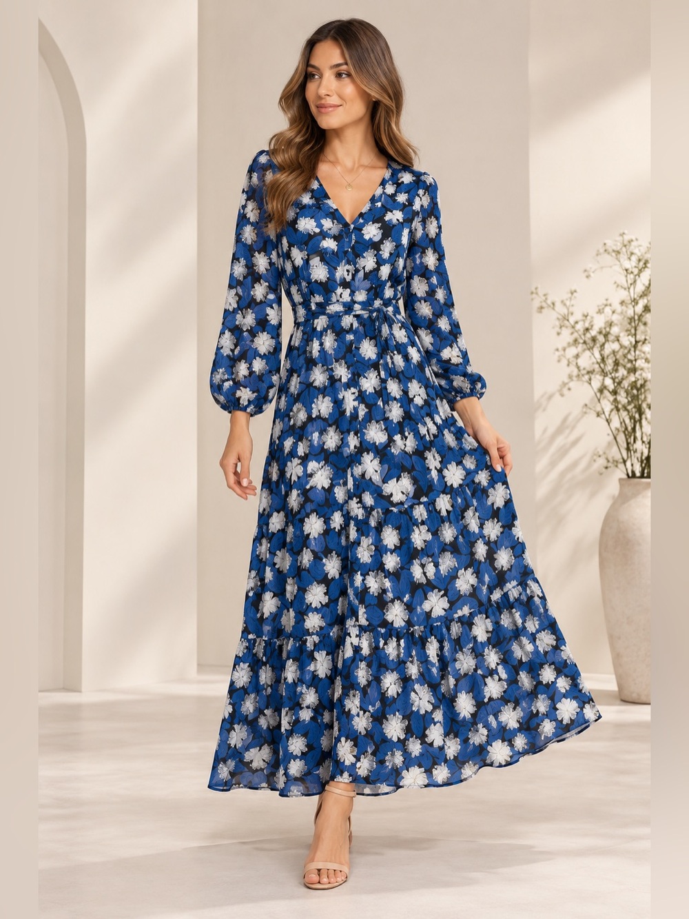 Ryan Michelle Blue Floral Maxi Dress Size L Belted Long Sleeve